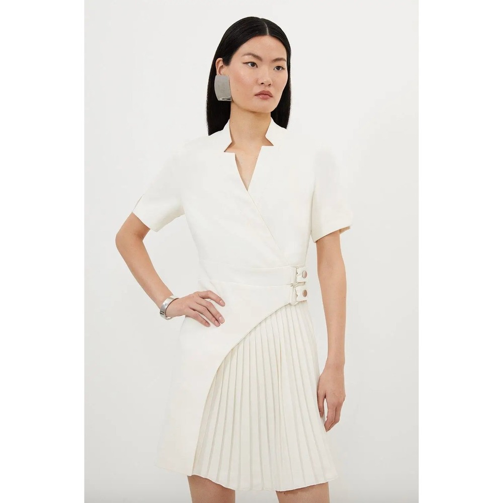NWT Karen Millen Tailored Military Pleat Notch Neck Wrap Mini Dress Size 6